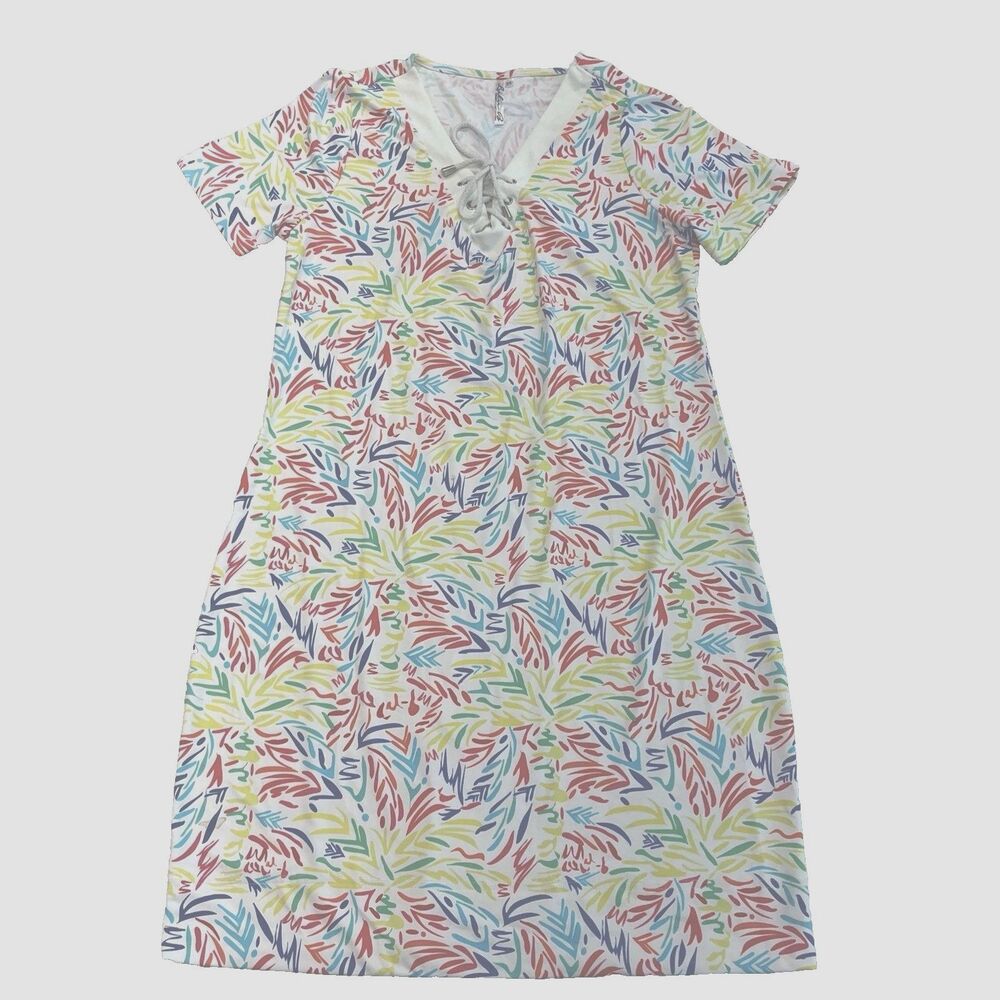 Lulu B Bright Colorful‎ UPF Resort Dress Sz XS White Short Sleeve Stretch Beach